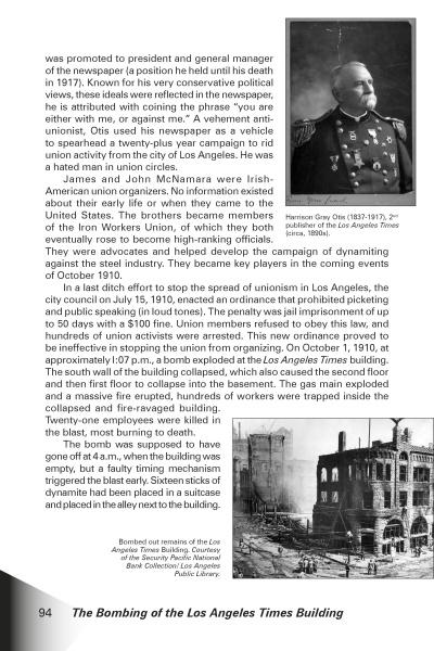 A page from Schiffer Publishing, Ltd.'s "Murder and Mayhem" shows Harrison Gray Otis in uniform and the charred ruins of the Los Angeles Times Building—a landmark moment in California's true crime history.