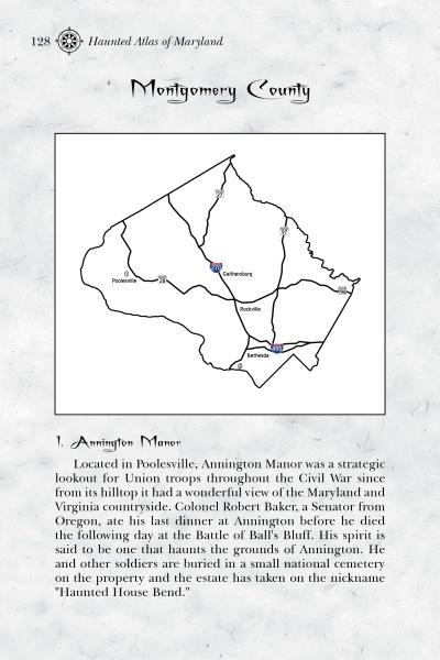 A map of Montgomery County, Maryland, marks towns like Germantown, Gaithersburg, Rockville, Silver Spring, and Poolesville, with "Ghosts of Maryland" by Schiffer Publishing, Ltd. detailing Poolesville’s haunted Annington Manor Civil War legends.