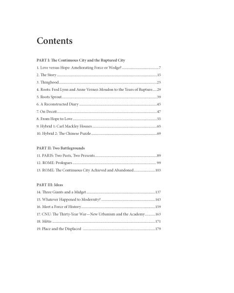 The table of contents for "Housing and the City" by Schiffer Publishing, Ltd. lists parts, chapters, and page numbers on urban history, affordable housing, cities, hope, hybridity, roots, and displacement.