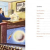 On the left, "Do You Read Me?" by Schiffer Publishing, Ltd. displays retro-futuristic art—robots, scientists, toys, a space lecture, and a lunar figure. On the right are a table of contents and a stylized woman in a space helmet with antennae.