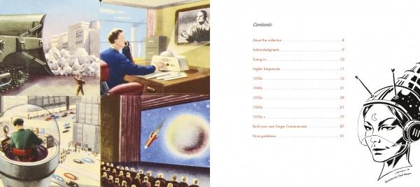 On the left, "Do You Read Me?" by Schiffer Publishing, Ltd. displays retro-futuristic art—robots, scientists, toys, a space lecture, and a lunar figure. On the right are a table of contents and a stylized woman in a space helmet with antennae.