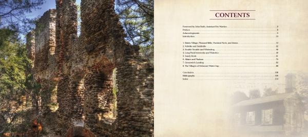 Ruins of old stone walls among trees appear on the left; on the right, the table of contents for Ghost Towns of New Jersey by Schiffer Publishing, Ltd. is listed on a cream background with a faint stone building image and touring info.