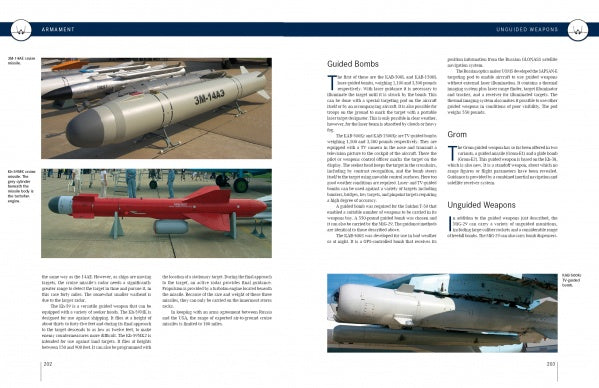 A page from "The MiG-29" by Schiffer Publishing, Ltd. displays images of missiles and bombs on the ground, with text about guided bombs, the Gran bomb, and unguided weapons used by Soviet MiG-29 fighter aircraft.
