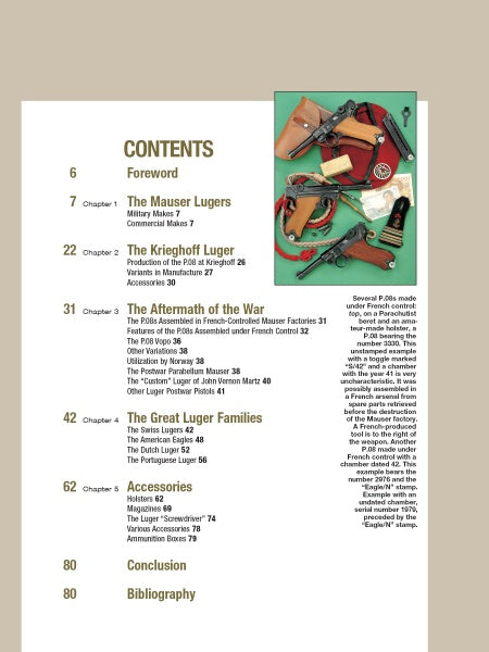 Table of contents page from "The Luger P.08, Vol. 2" by Schiffer Publishing, Ltd., featuring chapters and topics. Top right shows a photo of several P.08 Lugers and accessories on a green and red background.