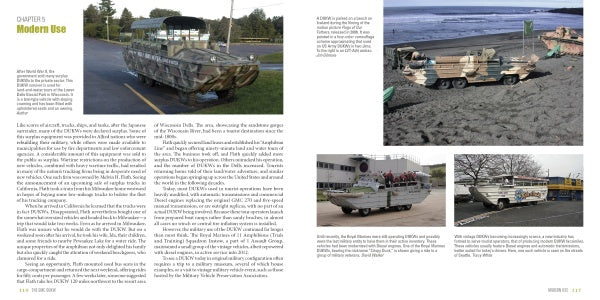 A magazine spread from Schiffer Publishing, Ltd.'s "The GMC DUKW" features text and four photos of WWII DUKW amphibious vehicles on land and beaches—some restored at events or museums, with people visible near the vehicles in two images.