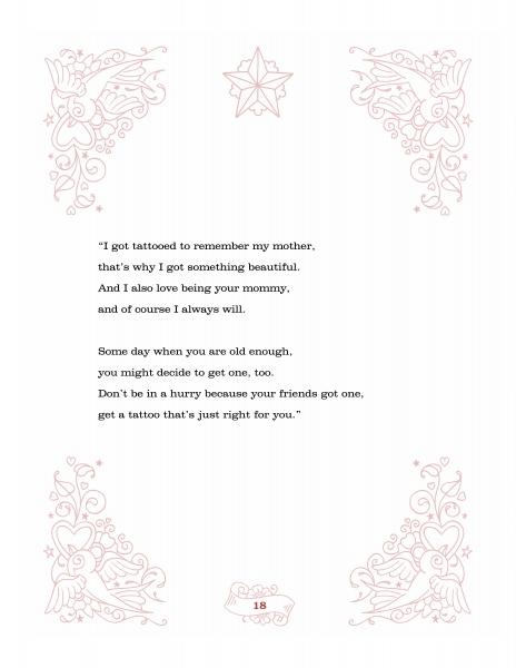 The "Mommy's New Tattoo" coloring page by Schiffer Publishing, Ltd. features floral and heart designs around a poem about tattooed parents choosing meaningful tattoos to honor one's mother; page number 18 appears at the bottom.
