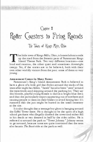 A book page from "Cincinnati Ghosts" by Schiffer Publishing, Ltd. features Chapter II: Roller Coasters to Firing Rounds, exploring Kings Mills, its amusement parks, and famous haunted sites around Cincinnati, alongside introductory text.
