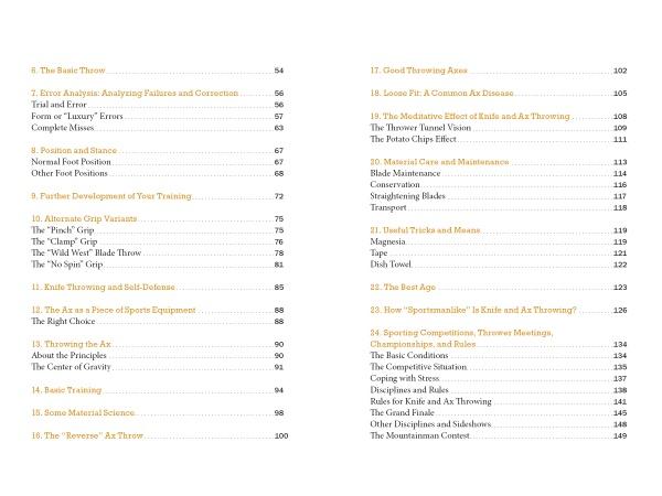 Table of contents from Knife Throwing Like the Pros by Schiffer Publishing, Ltd., covering pages 54–153: throwing knives, knife throwing techniques, equipment, safety tips, advanced training methods, and axe throwing.
