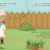 A girl in a lab coat and bucket hat waters flowers, puzzled as two bees fly above. "Geraldine and the Space Bees" by Schiffer Publishing, Ltd. inspires kids to invent and help save bees, with text floating across the sky and grass.