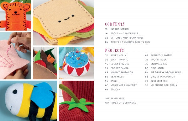 A collage of vibrant hand-sewn projects—tiger, sandwich, bee, tomato, pincushion, and heart—appears beside the contents of Sewing Simple Softies with 17 Amazing Designers by Schiffer Publishing, Ltd., featuring fun kid-friendly felt crafts.