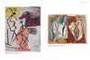 Two abstract paintings are shown. The left, echoing styles from "Emerging from the Shadows, Vol. II" by Schiffer Publishing, Ltd., shows figures and a horse on a muted background; the right features bold geometric shapes in blue, white, brown, and red.