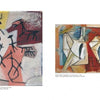 Two abstract paintings are shown. The left, echoing styles from "Emerging from the Shadows, Vol. II" by Schiffer Publishing, Ltd., shows figures and a horse on a muted background; the right features bold geometric shapes in blue, white, brown, and red.