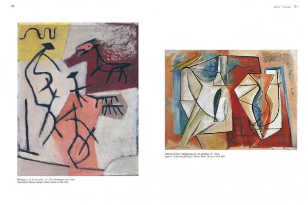 Two abstract paintings are shown. The left, echoing styles from "Emerging from the Shadows, Vol. II" by Schiffer Publishing, Ltd., shows figures and a horse on a muted background; the right features bold geometric shapes in blue, white, brown, and red.