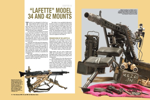 A spread from "The German MG 34 and MG 42 Machine Guns" by Schiffer Publishing, Ltd. shows labeled parts, vintage MG 34 and MG 42s, and military gear on a tan background.