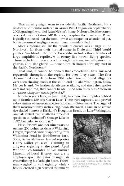 A page from "Strange Monsters of the Pacific Northwest" by Schiffer Publishing, Ltd. details exotic crocodilian and local cryptid sightings, featuring a black-and-white photo of an alligator in water with nearby ducks.