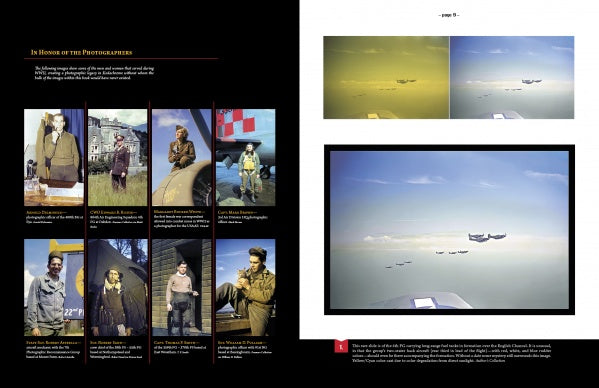 A book spread from "The 8th Army Air Force in Color" by Schiffer Publishing, Ltd. shows restored WWII pilot and crew photos with captions on the left, and vivid images of airborne planes in formation over clouds on the right.