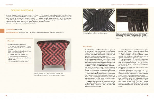 A page from Award-Winning Basket Designs by Schiffer Publishing, Ltd. features a woven chair project with photos, materials list, step-by-step instructions, basket weaving tips, and detailed diagrams of weaving patterns.