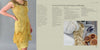 A person showcases a sleeveless yellow felt gown with gold sequins, crafted using techniques from "Artisan Felting" by Schiffer Publishing, Ltd., alongside a visual guide featuring wool, sequins, scissors, and thread.