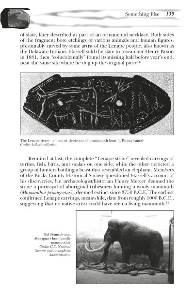A black-and-white page from "Strange Pennsylvania Monsters" by Schiffer Publishing, Ltd. features an engraved stone with animal figures and a mammoth skeleton photo, plus text about mammoth art and cryptozoology.