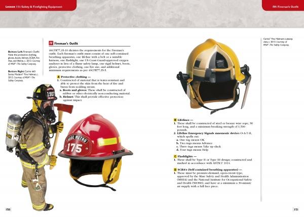 A page from Schiffer Publishing, Ltd.'s "Study Guide for Marine Fire Prevention, Firefighting, & Fire Safety" shows a firefighter mannequin in full gear and describes marine firefighting outfits and STCW-compliant helmet features.