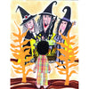 The cover of Schiffer Publishing, Ltd.’s "Halloween Sleepwalker" shows three witches in pointed hats around a bubbling cauldron, grinning slyly, as a child in plaid pajamas stands nearby amid tall yellow plants—a whimsical scene for a children’s Halloween book.