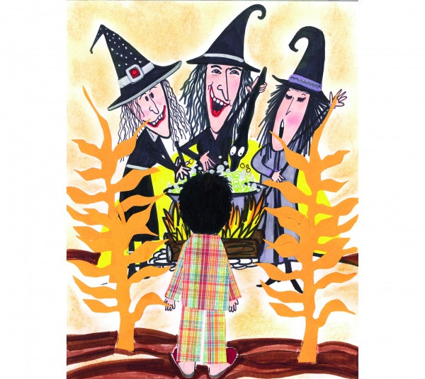 The cover of Schiffer Publishing, Ltd.’s "Halloween Sleepwalker" shows three witches in pointed hats around a bubbling cauldron, grinning slyly, as a child in plaid pajamas stands nearby amid tall yellow plants—a whimsical scene for a children’s Halloween book.