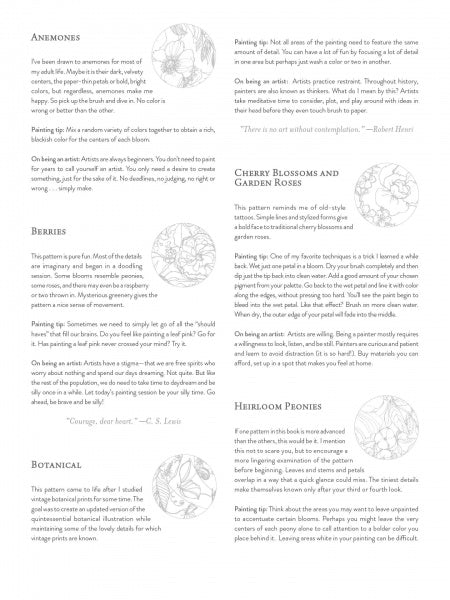 A soft gray text page from "Painterly Days" by Schiffer Publishing, Ltd. offers tutorials for painting anemones, berries, and cherry blossoms, each paired with delicate floral sketches on gentle watercolor paper backgrounds.