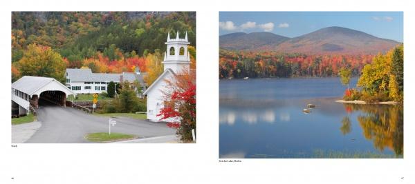 Side-by-side images from "Welcome to New Hampshire" by Schiffer Publishing, Ltd.: left, a white church and covered bridge in autumn; right, a serene lake with vibrant foliage—timeless New England scenes inspiring New Hampshire travel.