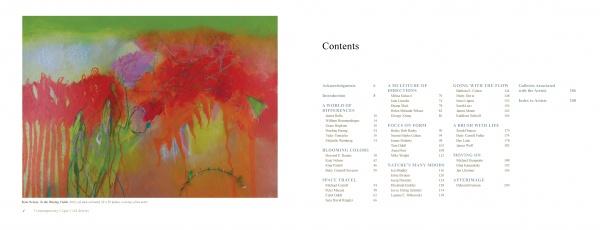 The left side features a vibrant abstract inspired by Contemporary Cape Cod Artists from Schiffer Publishing, Ltd., with bold reds, oranges, and greens; the right shows a black table of contents on a white background.