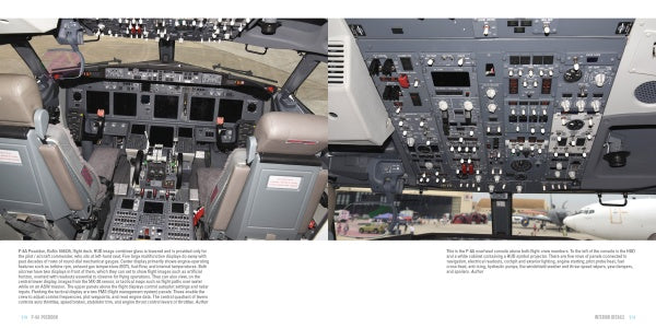 Side-by-side photos of a P-8A Poseidon cockpit from Schiffer Publishing, Ltd.: left shows seats and controls from behind; right highlights the overhead panel. The maritime patrol aircraft’s nose is visible through the windows.