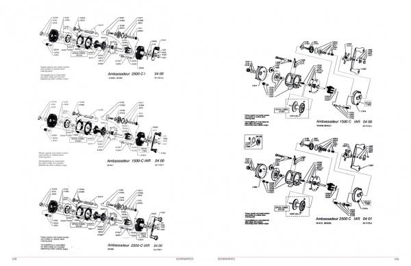 Black-and-white technical diagrams of various Small Ambassadeurs by Schiffer Publishing, Ltd. show labeled parts, exploded views, and assembly sequences for fishing reel models.