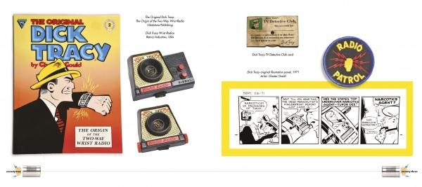 A comic-style spread from "Do You Read Me?" by Schiffer Publishing, Ltd. displays a Dick Tracy cover, classic toy radios, a membership card, Radio Patrol badge, and a black-and-white strip on narcotics agents.