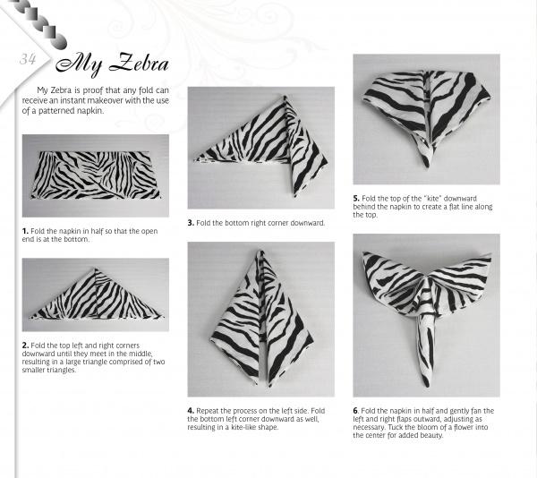 Creative Napkins and Table Settings by Schiffer Publishing, Ltd. offers step-by-step photo instructions to fold a zebra-patterned napkin into a zebra’s head, adding fun flair to your table decor.
