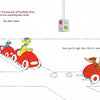 Cartoon animals, like a capybara, drive red toy cars in a line; two chat at a stoplight as playful text above tells a silly story about the coatimundi showing off. Product: Untitled, Schiffer Publishing, Ltd.