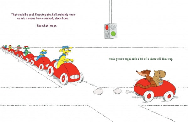 Cartoon animals, like a capybara, drive red toy cars in a line; two chat at a stoplight as playful text above tells a silly story about the coatimundi showing off. Product: Untitled, Schiffer Publishing, Ltd.