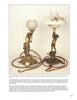Featured in Schiffer Publishing, Ltd.'s "Antique Lamp Buyer's Guide" are two ornate 19th-century gas lamps with sculpted female bases—one holding a torch, the other a shade—showcasing decorative details and vivid red power cords.