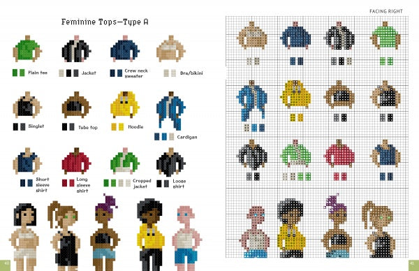PixlPeople by Schiffer Publishing, Ltd. offers a pixel art chart of feminine tops (Type A) in various styles and colors—ideal for unique cross-stitch patterns or personalized cross-stitch projects.