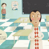 Two adults look upset in a classroom as a child stands alone by the door. Desks, bug and fish posters, a chessboard floor, and a blackboard set the scene—ideal for "The Magic in a Smile" from Schiffer Publishing, Ltd., about emotional management.