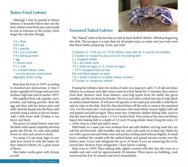 A page from "The Yankee Chef" by Schiffer Publishing, Ltd. features Batter Fried Lobster on the left, Seasoned Naked Lobster on the right, and a whole lobster photo on a blue plate in the top right corner.