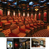 Entertainment Rooms" by Schiffer Publishing, Ltd. showcases a luxurious home theater with ornate woodwork, red and gold seats, and a decorative ceiling, plus a stylish theater lobby with a home bar, movie posters, and a concession area.