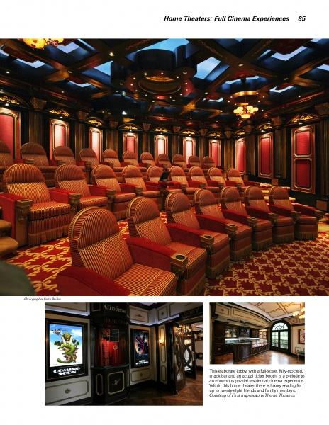 Entertainment Rooms" by Schiffer Publishing, Ltd. showcases a luxurious home theater with ornate woodwork, red and gold seats, and a decorative ceiling, plus a stylish theater lobby with a home bar, movie posters, and a concession area.