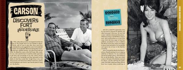 A vintage-style Mai-Kai magazine spread from Schiffer Publishing, Ltd. evokes the Tiki era, showing Johnny Carson poolside with a man on the left and a smiling woman in a swimsuit with a flower in her hair on the right, plus Fort Lauderdale text.