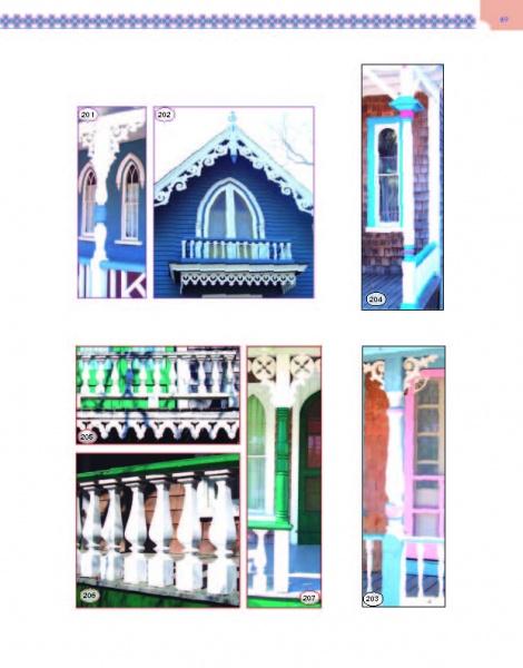 A collage of six numbered photos from "Painted Ladies: Balusters & Columns" by Schiffer Publishing, Ltd. showcases Victorian details—arched windows, decorative wood trim, balusters, columns, and ornate railings on Oak Bluffs cottages.