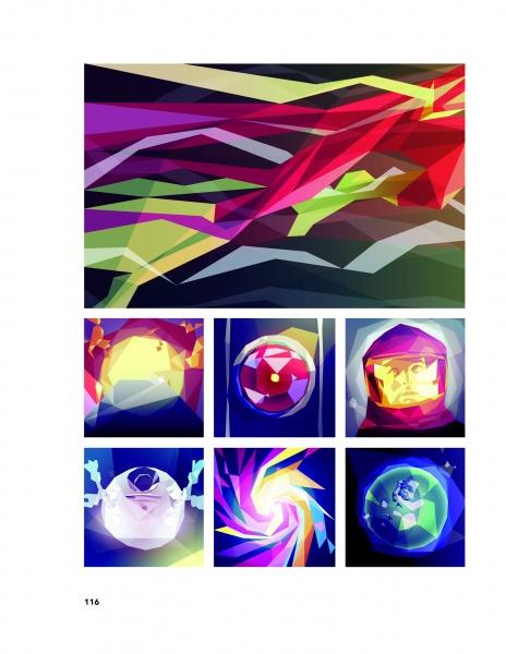 A collage of seven vibrant, abstract geometric illustrations from ARTtitude by Schiffer Publishing, Ltd., featuring an astronaut, planets, swirling shapes, and cosmic patterns on white. Page 116 is shown in the bottom left corner.