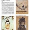 A page from Schiffer Publishing's "Newbrow" features a pop surrealism artist profile for Graham Franciose, with top text and three illustrations: a girl in an egg, a girl on wooden planks, and a woman with floral hair and birds.