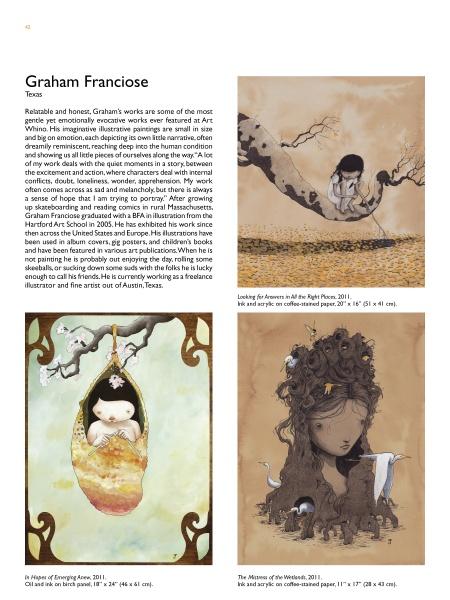 A page from Schiffer Publishing's "Newbrow" features a pop surrealism artist profile for Graham Franciose, with top text and three illustrations: a girl in an egg, a girl on wooden planks, and a woman with floral hair and birds.