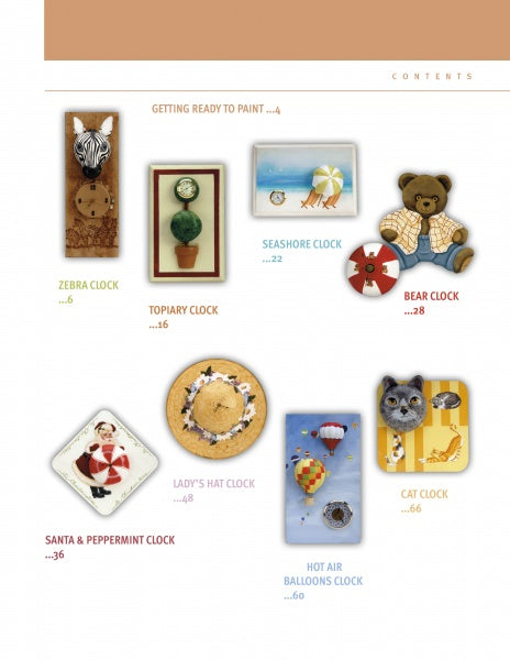 The Time for Gourds contents page by Schiffer Publishing, Ltd. features gourd clock projects—zebra, topiary, seashore scene, teddy bear, Santa with peppermint, lady’s hat, hot air balloons, and cat—labeled with names and pages for step-by-step home decor instructions.