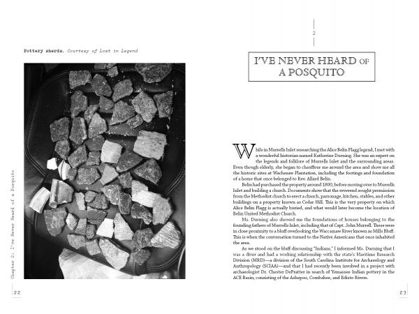 Close-up of pottery sherds on black, next to a two-page spread from Lost in Legend by Schiffer Publishing, Ltd.—the right page's column hints at South Carolina ghost stories and legends.