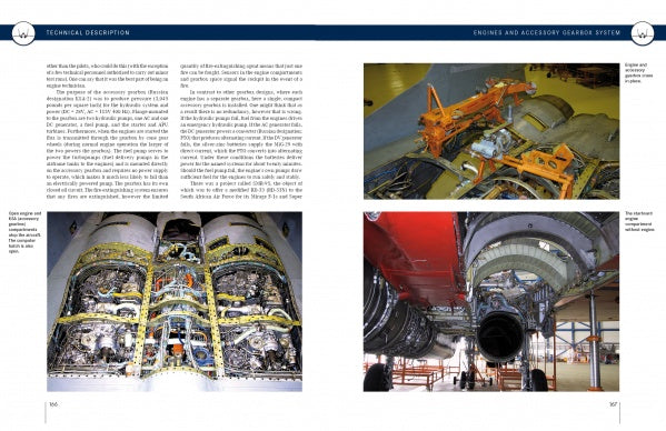 A spread from "The MiG-29" by Schiffer Publishing, Ltd., features technical descriptions and three photos showcasing exposed jet engine machinery and landing gear assemblies of this iconic Soviet fighter aircraft.