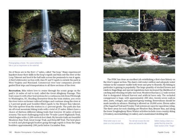 A spread from Pennsylvania's Preserved Lands by Schiffer Publishing, Ltd. features Ohiopyle’s natural beauty, with photos of waterfalls, cyclists, and rafting. Captions and page numbers are shown at the bottom.